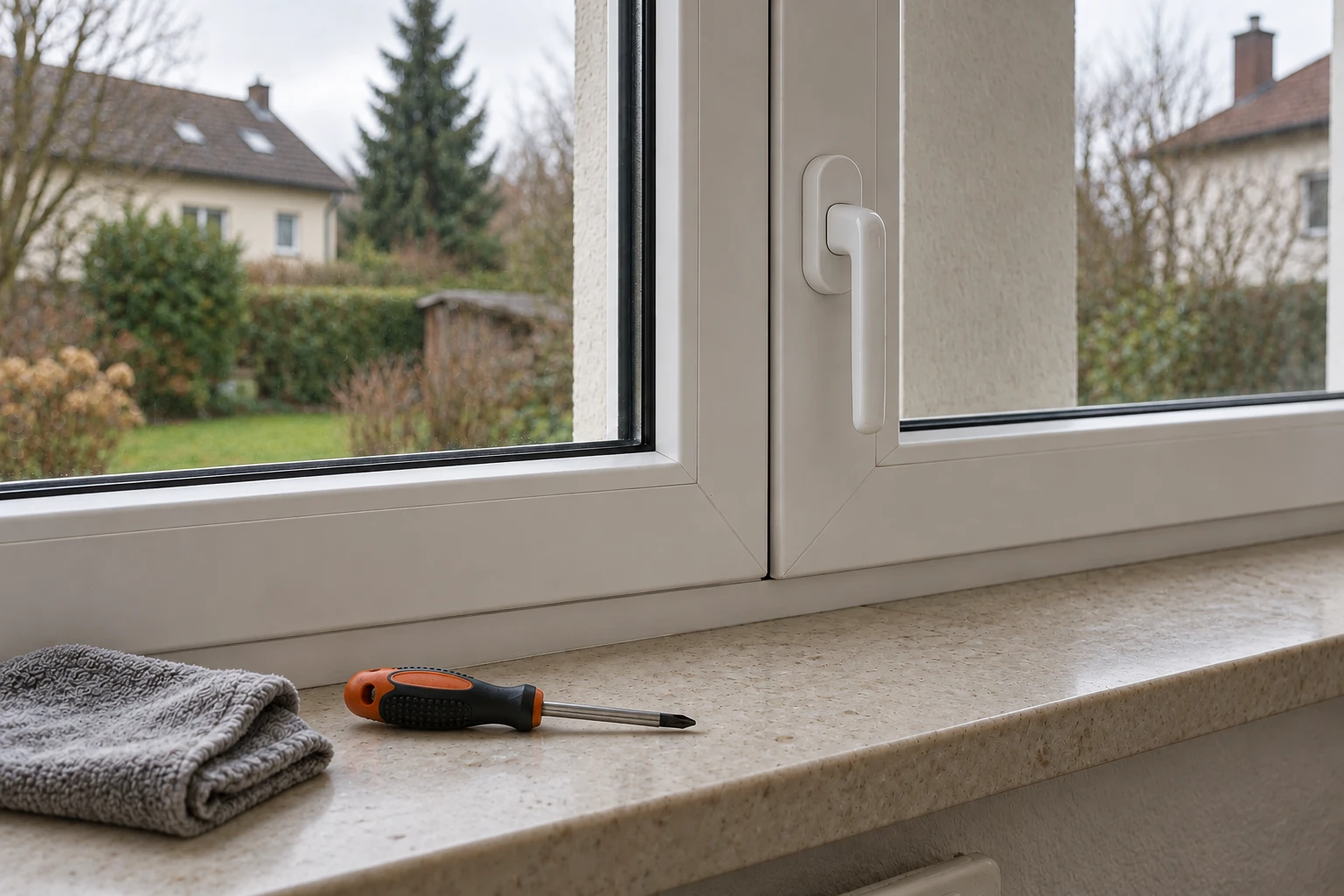 Illustration eines geschlossenen Fensters mit Griff, Rahmendichtung und Werkzeug auf der Fensterbank